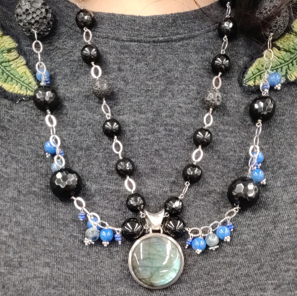 Artisan Statement Cascade Chain Necklace Black Lava Jet Glass Lapis OOAK